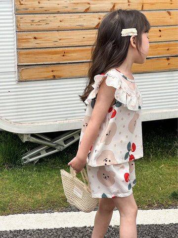 Young Girl Cute Printed Short Sleeve T-Shirt + Sports Shorts 2pcs/Set