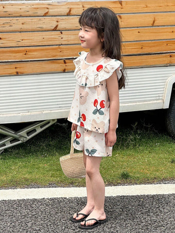 Young Girl Cute Printed Short Sleeve T-Shirt + Sports Shorts 2pcs/Set