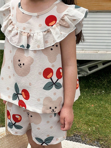 Young Girl Cute Printed Short Sleeve T-Shirt + Sports Shorts 2pcs/Set