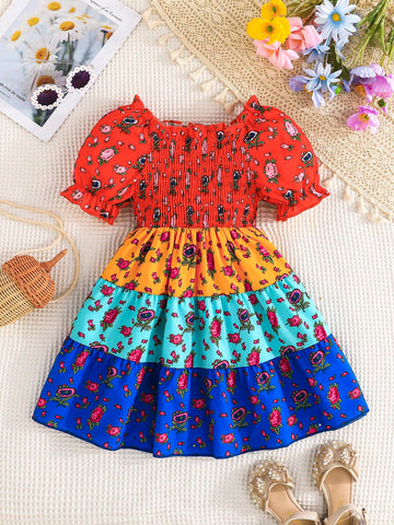 Young Girl Cute Puff Sleeve Floral Print Splice Casual Dress, Comfortable And Fashionable Outdoor Wear