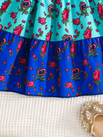 Young Girl Cute Puff Sleeve Floral Print Splice Casual Dress, Comfortable And Fashionable Outdoor Wear