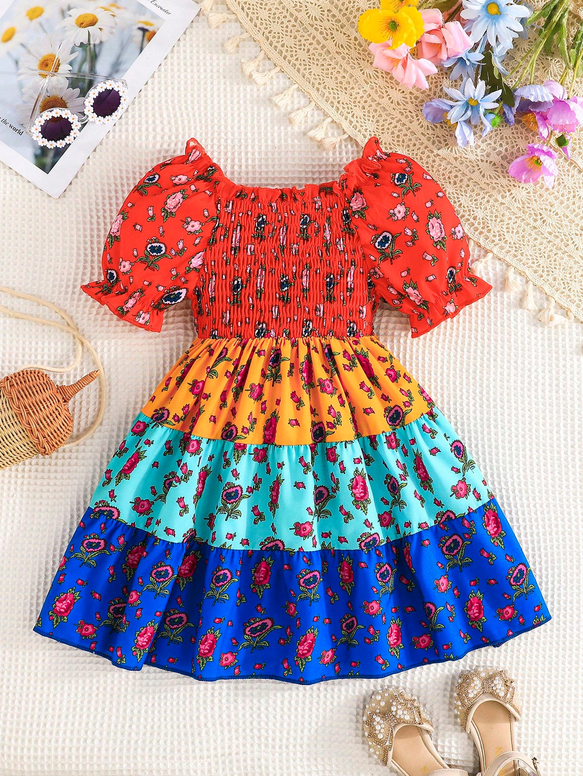 Young Girl Cute Puff Sleeve Floral Print Splice Casual Dress, Comfortable And Fashionable Outdoor Wear