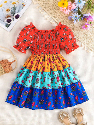 Young Girl Cute Puff Sleeve Floral Print Splice Casual Dress, Comfortable And Fashionable Outdoor Wear