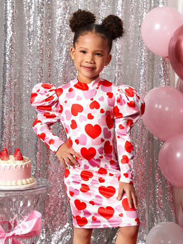 Young Girl Cute Puff Sleeve Round Neck Bodycon Dress, Valentine's Day