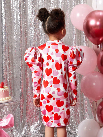 Young Girl Cute Puff Sleeve Round Neck Bodycon Dress, Valentine's Day