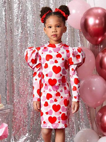 Young Girl Cute Puff Sleeve Round Neck Bodycon Dress, Valentine's Day