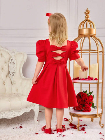 Young Girl Cute Red Bow Tie Short Sleeve Summer Dress