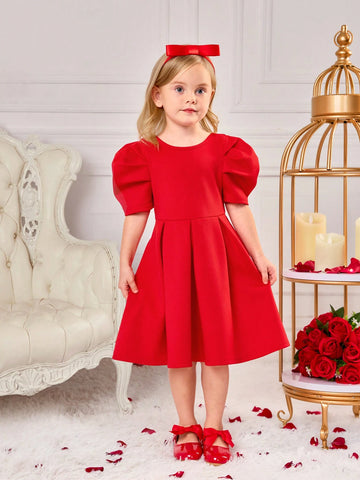 Young Girl Cute Red Bow Tie Short Sleeve Summer Dress