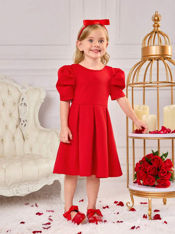 Young Girl Cute Red Bow Tie Short Sleeve Summer Dress