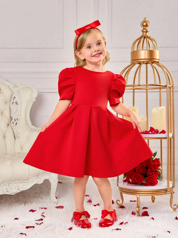 Young Girl Cute Red Bow Tie Short Sleeve Summer Dress