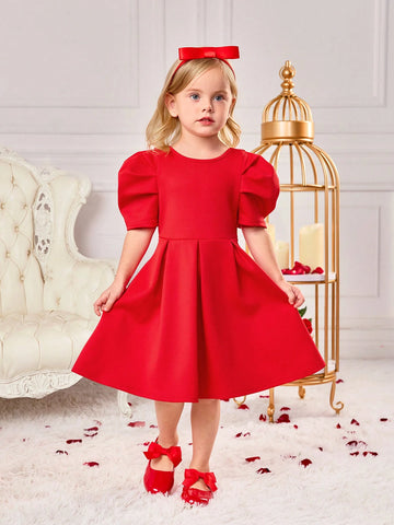 Young Girl Cute Red Bow Tie Short Sleeve Summer Dress