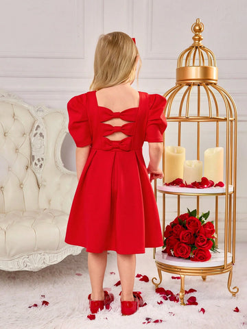 Young Girl Cute Red Bow Tie Short Sleeve Summer Dress