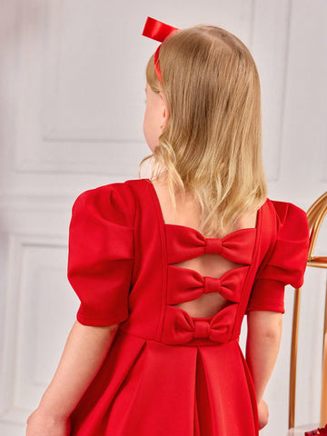 Young Girl Cute Red Bow Tie Short Sleeve Summer Dress