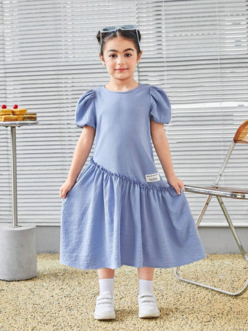 Young Girl Cute Round Neck Asymmetrical Split Design Puff Sleeve Woven Label Mid-Length Loose Dress