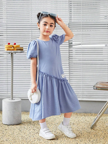 Young Girl Cute Round Neck Asymmetrical Split Design Puff Sleeve Woven Label Mid-Length Loose Dress