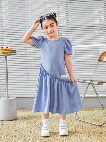 Young Girl Cute Round Neck Asymmetrical Split Design Puff Sleeve Woven Label Mid-Length Loose Dress