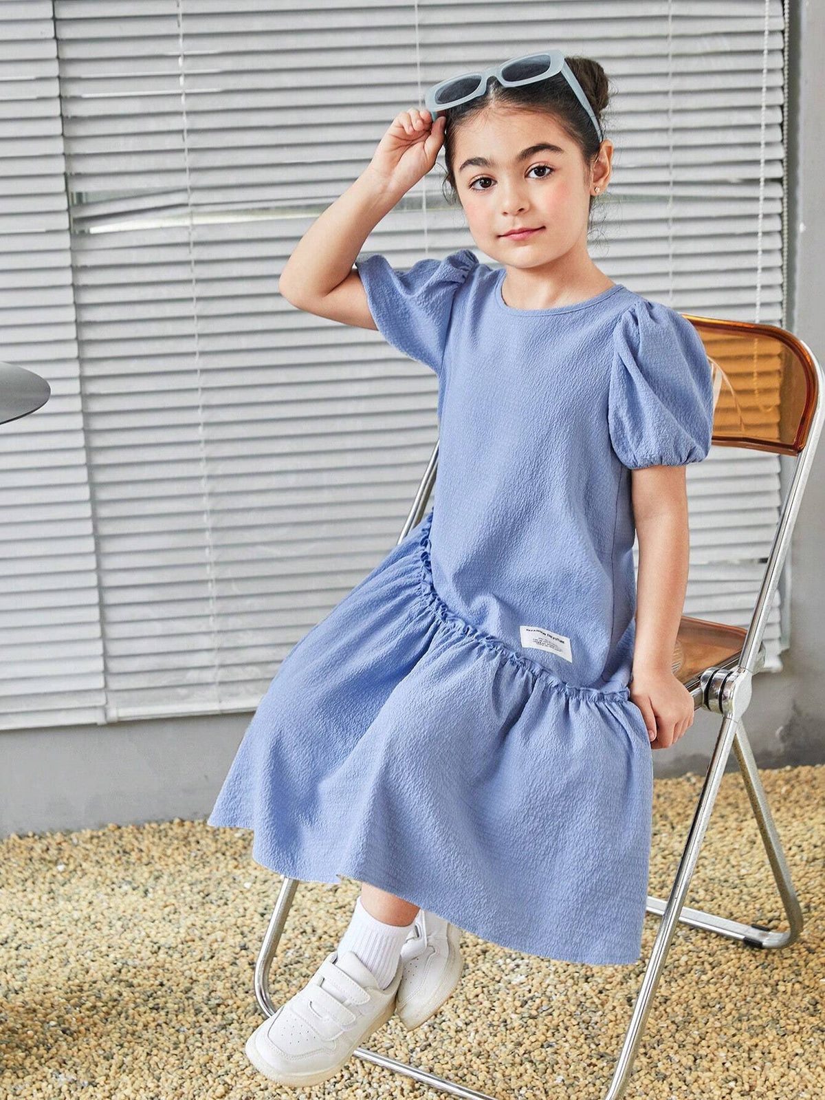 Young Girl Cute Round Neck Asymmetrical Split Design Puff Sleeve Woven Label Mid-Length Loose Dress