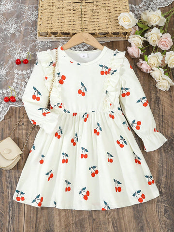 Young Girl Cute Round Neck Flutter Sleeve Cherry Pattern Casual Dress, Autumn