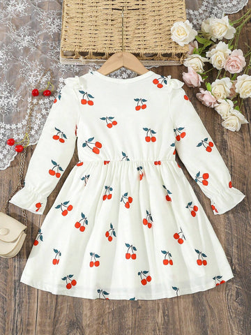 Young Girl Cute Round Neck Flutter Sleeve Cherry Pattern Casual Dress, Autumn
