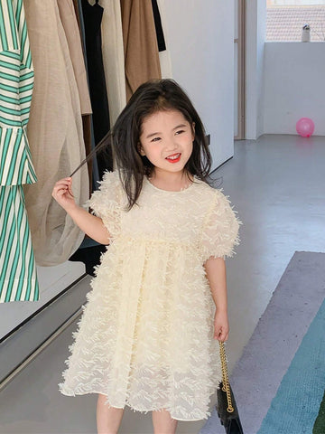 Young Girl Cute Round Neck Short Puff Sleeve Dress