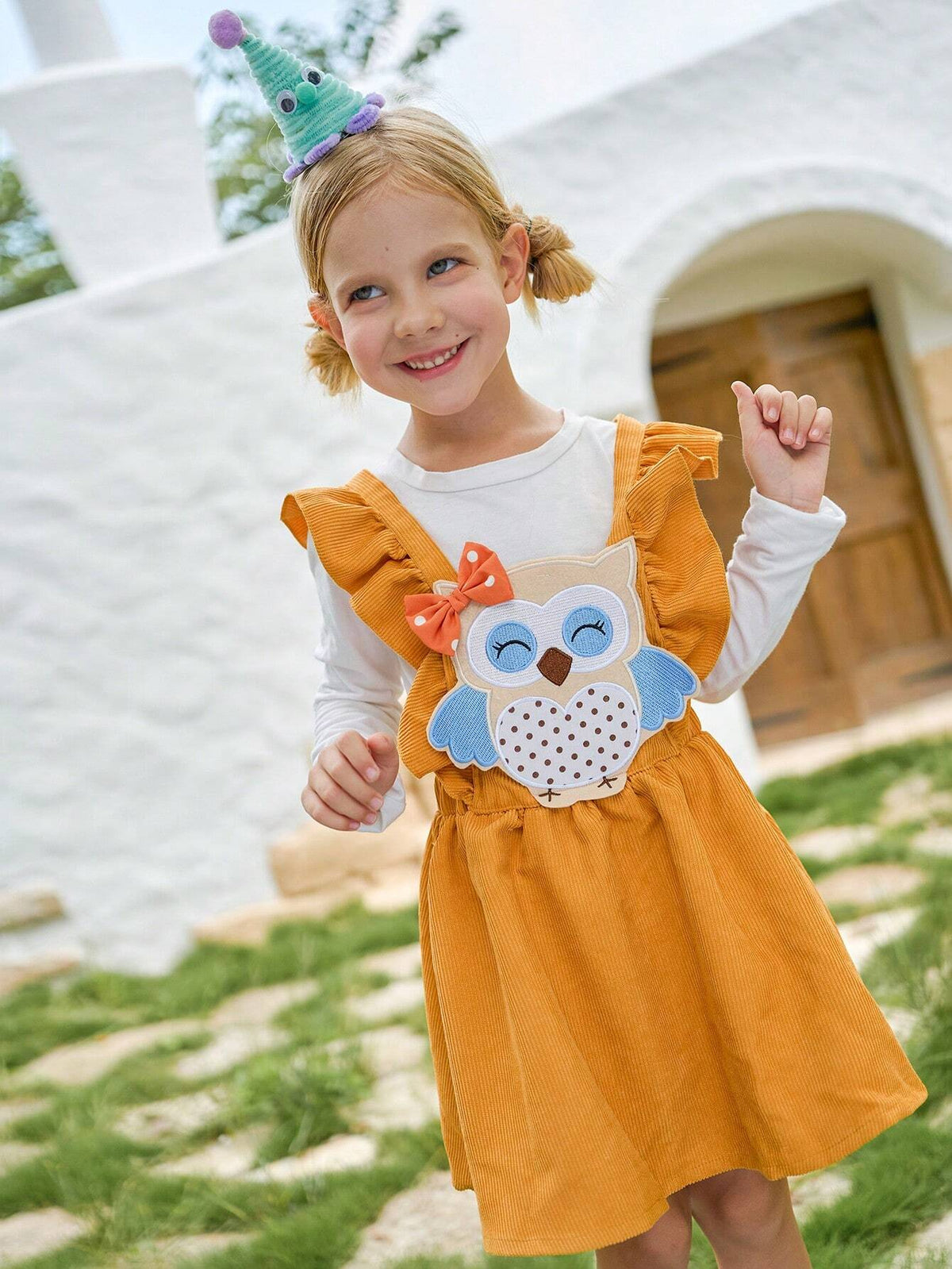 Young Girl Cute Ruffled Cartoon Owl Embroidered Bib Overall Dress, Girls Sweet Corduroy Sleeveless Princess Dress For Winter