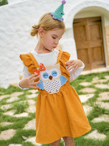 Young Girl Cute Ruffled Cartoon Owl Embroidered Bib Overall Dress, Girls Sweet Corduroy Sleeveless Princess Dress For Winter