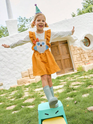 Young Girl Cute Ruffled Cartoon Owl Embroidered Bib Overall Dress, Girls Sweet Corduroy Sleeveless Princess Dress For Winter