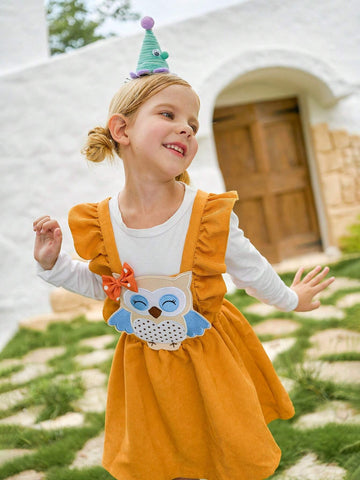 Young Girl Cute Ruffled Cartoon Owl Embroidered Bib Overall Dress, Girls Sweet Corduroy Sleeveless Princess Dress For Winter