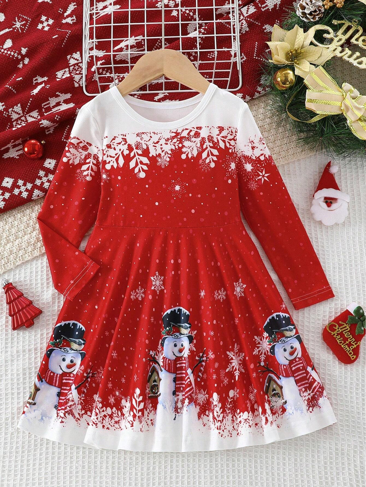 Young Girl Cute Snowman Print Colorblock Crew Neck Long Sleeve Casual Dress, Autumn