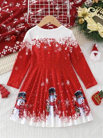 Young Girl Cute Snowman Print Colorblock Crew Neck Long Sleeve Casual Dress, Autumn