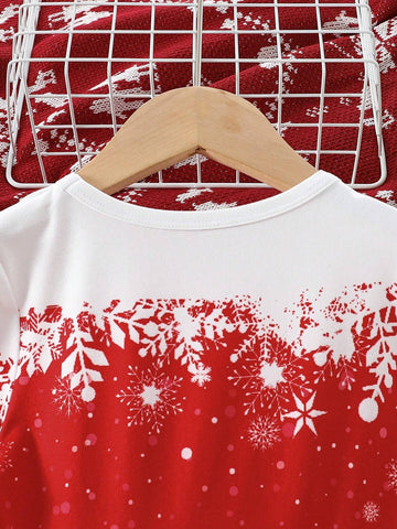 Young Girl Cute Snowman Print Colorblock Crew Neck Long Sleeve Casual Dress, Autumn