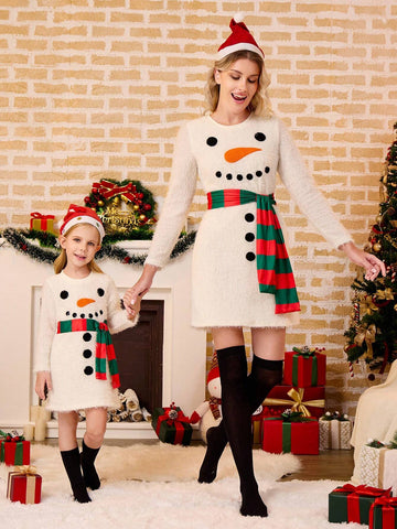 Young Girl Cute Snowman & Carrot Nose Embroidery Dress Fluffy Winter Dress, Mommy And Me Matching Outfits (2 Pieces Sold Separately)