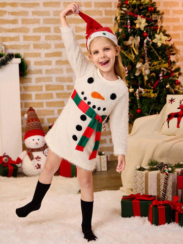 Young Girl Cute Snowman & Carrot Nose Embroidery Dress Fluffy Winter Dress, Mommy And Me Matching Outfits (2 Pieces Sold Separately)