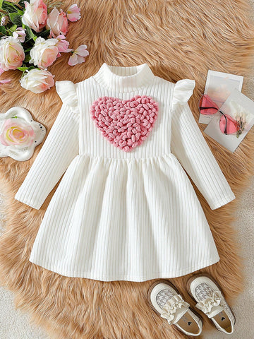 Young Girl Cute Solid High Collar Long Sleeve Heart Patch A-Line Dress, Suitable For Outdoor Wear, Spring/Autumn