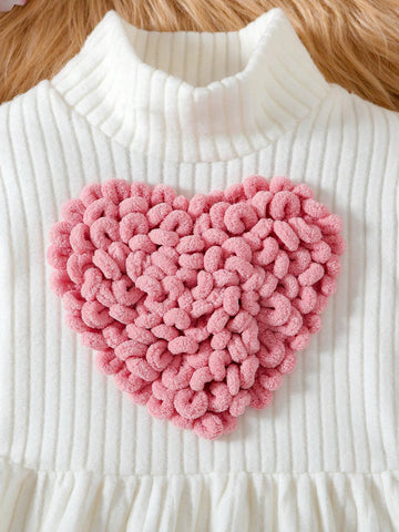 Young Girl Cute Solid High Collar Long Sleeve Heart Patch A-Line Dress, Suitable For Outdoor Wear, Spring/Autumn