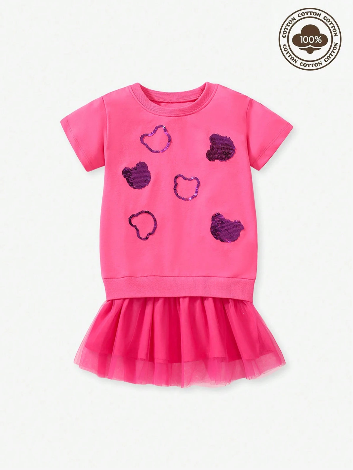 Young Girl Cute Summer Sequined Teddy Bear Pattern Patchwork Mesh Dress