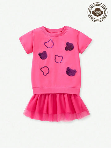 Young Girl Cute Summer Sequined Teddy Bear Pattern Patchwork Mesh Dress