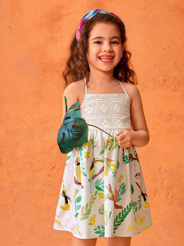 Young Girl Cute Summer Vacation Cartoon Pattern Patchwork Camisole Dress