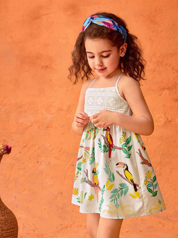 Young Girl Cute Summer Vacation Cartoon Pattern Patchwork Camisole Dress