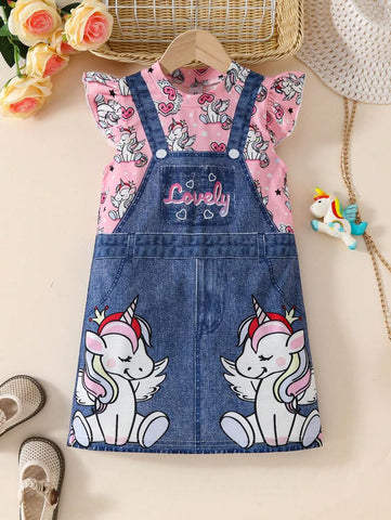 Young Girl Cute Unicorn, Heart, Letter Print Round Neck Cap Sleeve 2 In 1 Dress