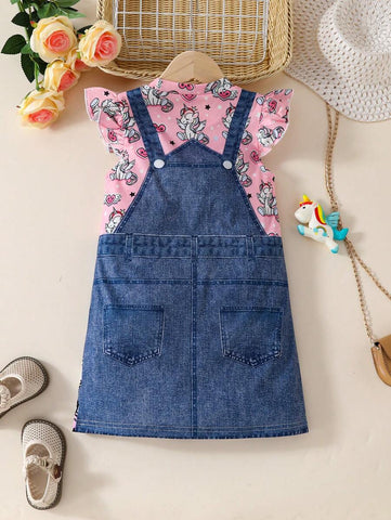 Young Girl Cute Unicorn, Heart, Letter Print Round Neck Cap Sleeve 2 In 1 Dress