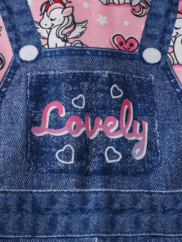 Young Girl Cute Unicorn, Heart, Letter Print Round Neck Cap Sleeve 2 In 1 Dress