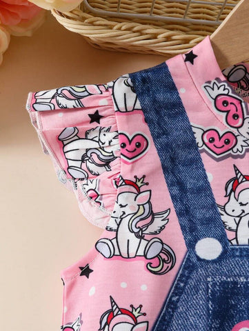 Young Girl Cute Unicorn, Heart, Letter Print Round Neck Cap Sleeve 2 In 1 Dress