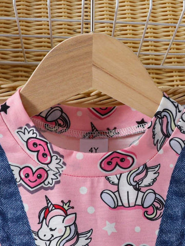 Young Girl Cute Unicorn, Heart, Letter Print Round Neck Cap Sleeve 2 In 1 Dress