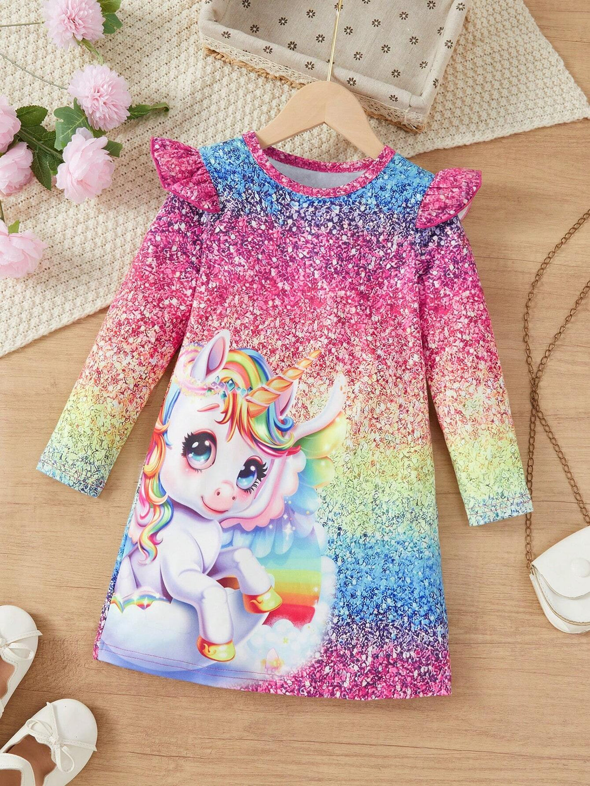 Young Girl' Cute Unicorn Pearl Print Ruffle Trim Long Sleeve Dress, Suitable For Spring/Autumn
