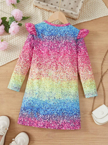 Young Girl' Cute Unicorn Pearl Print Ruffle Trim Long Sleeve Dress, Suitable For Spring/Autumn