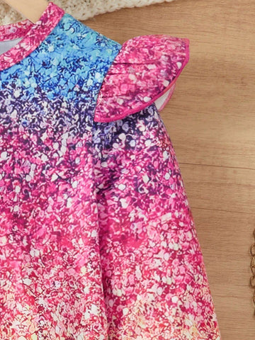 Young Girl' Cute Unicorn Pearl Print Ruffle Trim Long Sleeve Dress, Suitable For Spring/Autumn