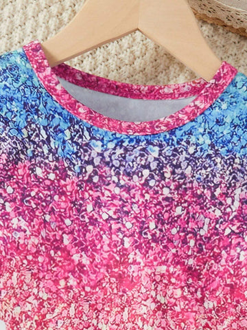 Young Girl' Cute Unicorn Pearl Print Ruffle Trim Long Sleeve Dress, Suitable For Spring/Autumn