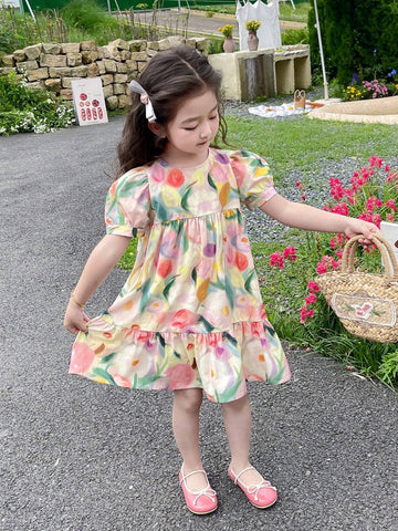 Young Girl Cute Vacation Floral Print Puff Sleeve Ruffle Hem Smock Dress For Summer