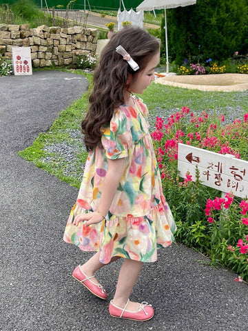 Young Girl Cute Vacation Floral Print Puff Sleeve Ruffle Hem Smock Dress For Summer